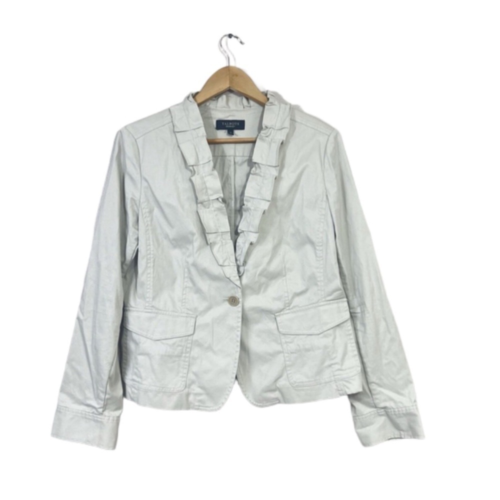 Talbots Blazer Vintage Women’s 12 Khaki Long Sleeve Pocket Front Ruffle New Y2K